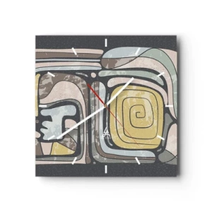 Reloj de pared - Reloj de vidrio - Patrones precolombinos en colores pastel sobre un fondo oscuro - 30x30cm - Abstracción con espíritu precolombino - Decoración de pared moderna para salón y dormitorio ARTTOR