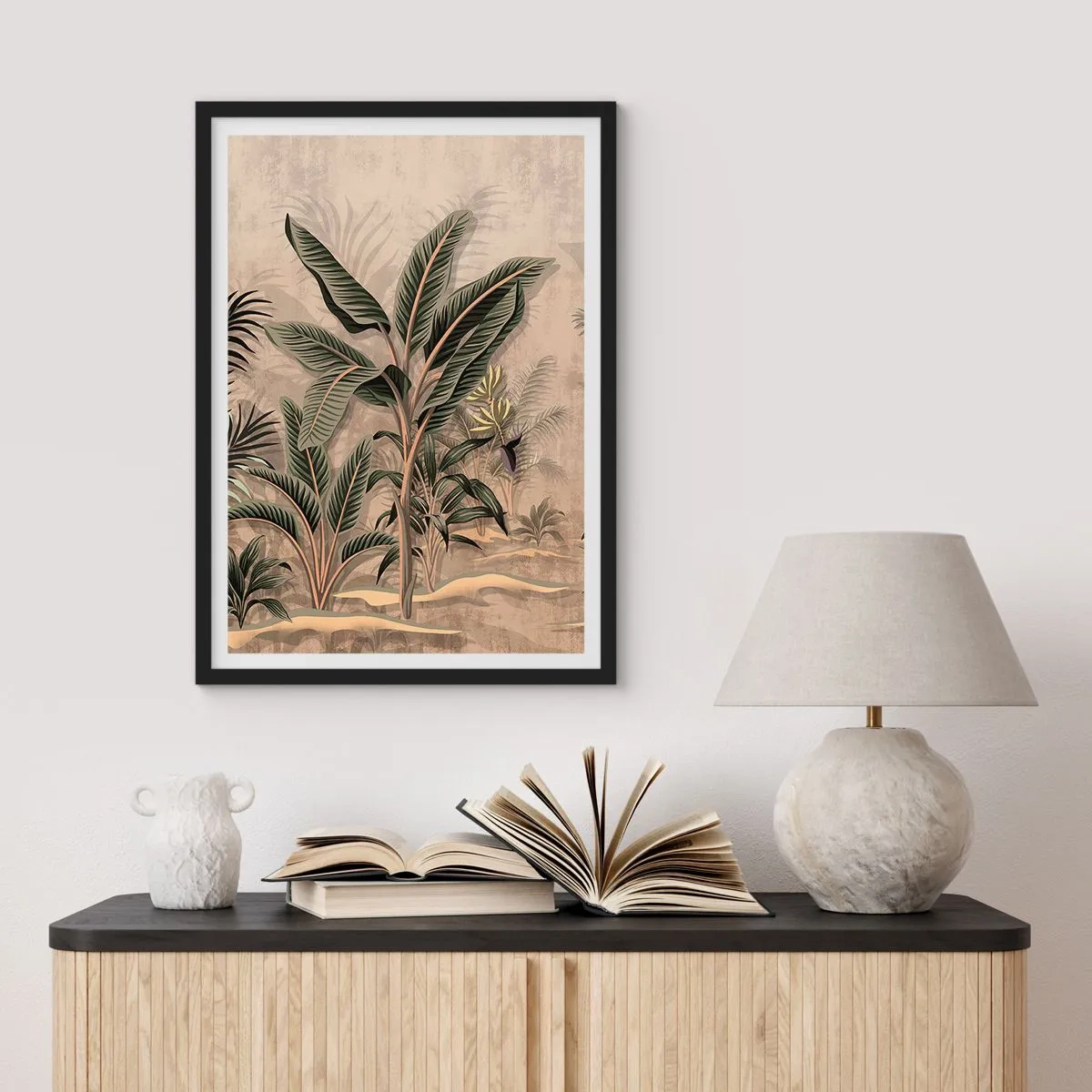 Póster en marco negro - Vegetación exótica sobre fondo beige. - 50x70cm - Grabados de estilo colonial - Decoración de pared moderna para salón y dormitorio ARTTOR