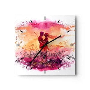 Reloj de pared - Reloj de vidrio - Una pareja abrazándose sobre un patrón abstracto rosa y naranja. - 30x30cm - ¡Un solo corazón! Necesito tan poco para ser feliz… - Decoración de pared moderna para salón y dormitorio ARTTOR