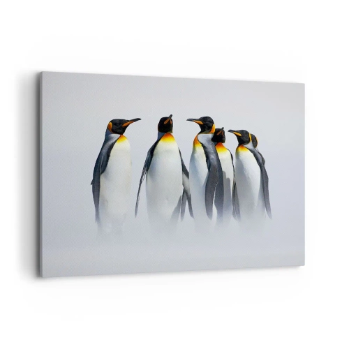 Cuadro sobre lienzo - Impresión de Imagen - Un grupo de pingüinos emperador en la niebla invernal. - 120x80cm - Reunión en traje de noche - Decoración de pared moderna para salón y dormitorio ARTTOR