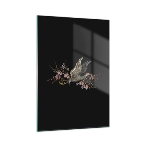 Cuadro sobre vidrio - Impresiones sobre Vidrio - Pájaro bordado en vuelo con flores de fondo sobre un fondo oscuro. - 50x70cm - Ave florida - Decoración de pared moderna para salón y dormitorio ARTTOR