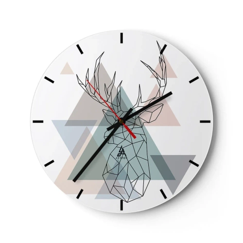 Reloj de pared - Reloj de vidrio - Imagen geométrica de un ciervo sobre un fondo de triángulos. - 30x30cm - En un bosque geométrico - Decoración de pared moderna para salón, cocina y dormitorio ARTTOR