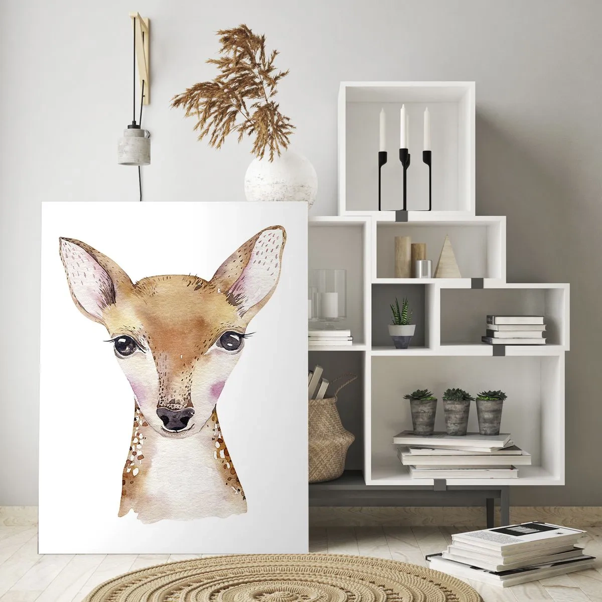 Cuadro sobre vidrio - Impresiones sobre Vidrio - Retrato en acuarela de un corzo joven sobre un fondo blanco - 80x120cm - La naturaleza de la inocencia - Decoración de pared moderna para salón y dormitorio ARTTOR