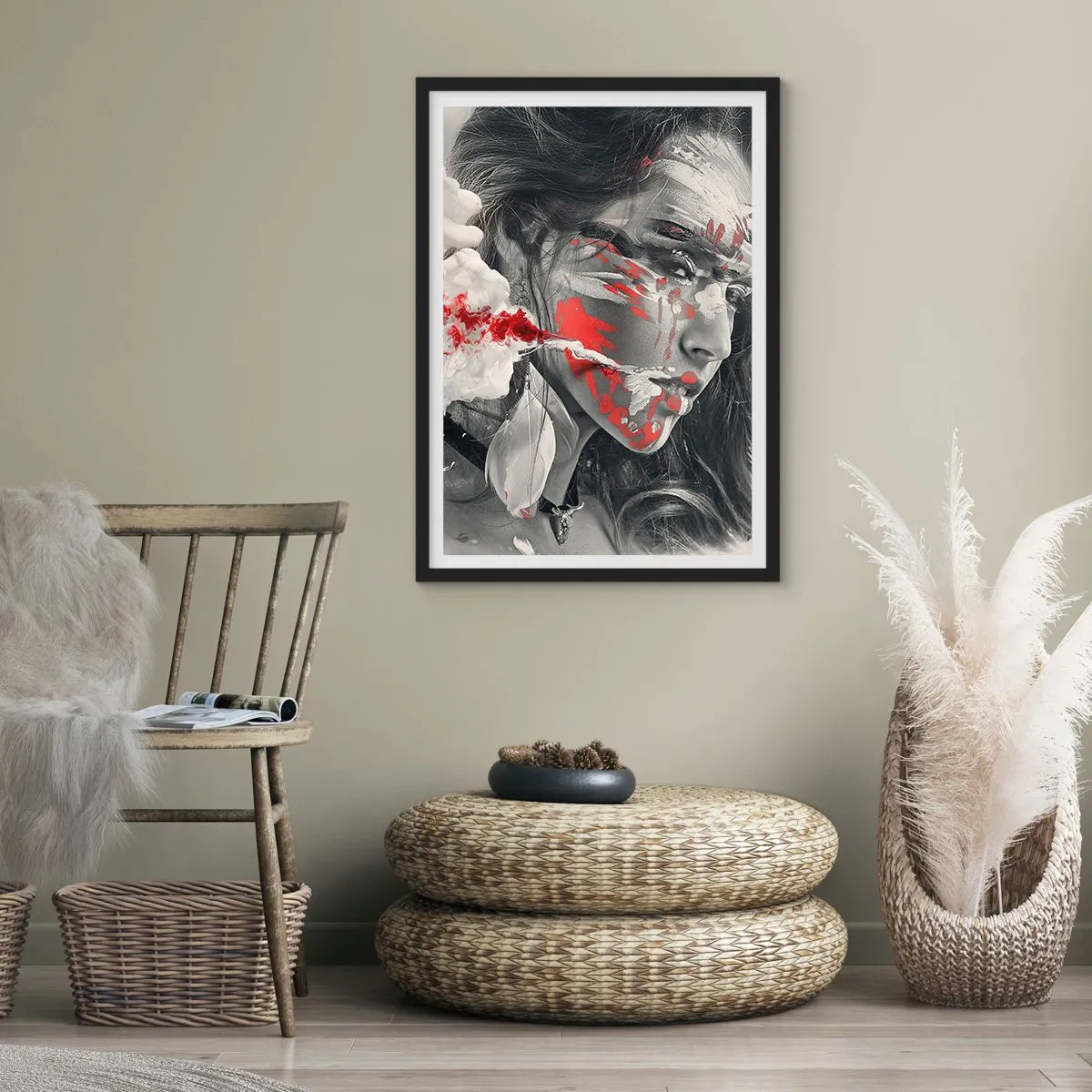 Póster en marco negro - Retrato artístico con acento rojo. - 50x70cm - En los humos del absurdo - Decoración de pared moderna para salón y dormitorio ARTTOR