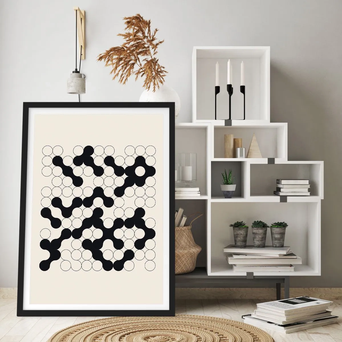 Póster en marco negro - Composición geométrica de círculos blancos y negros. - 50x70cm - Juego chino - una variación - Decoración de pared moderna para salón y dormitorio ARTTOR
