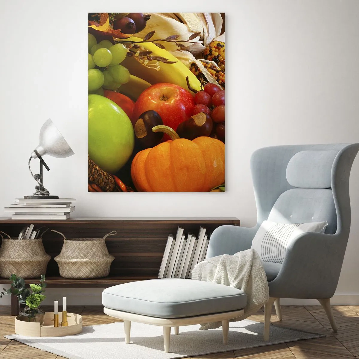 Cuadro sobre vidrio - Impresiones sobre Vidrio - Una cesta llena de frutas y verduras en un arreglo otoñal. - 50x70cm - Cesta de la cosecha - Decoración de pared moderna para salón y dormitorio ARTTOR