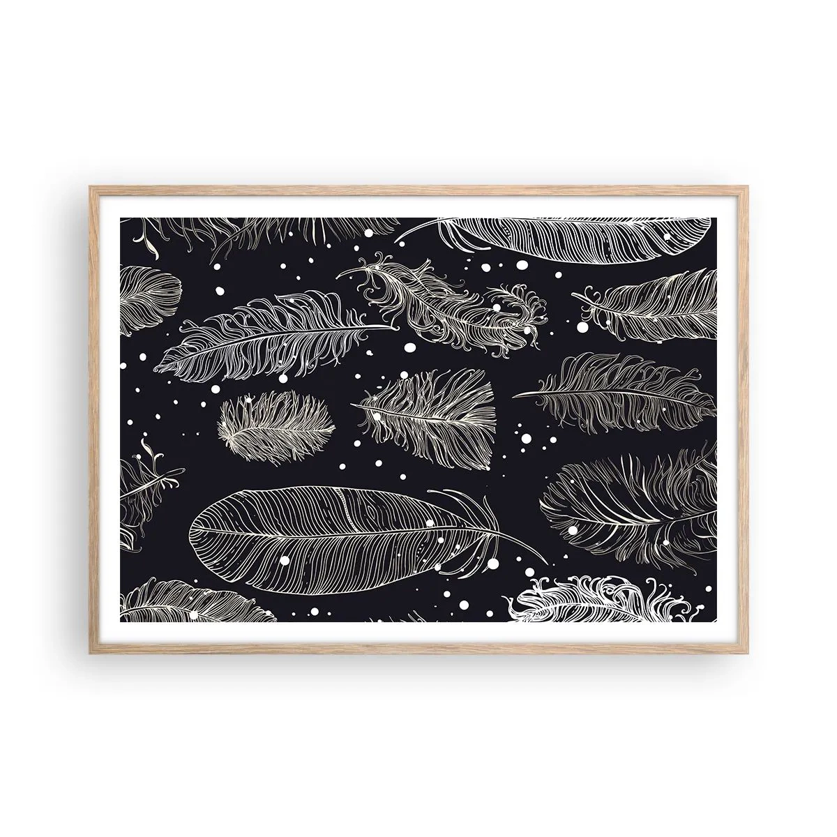 Póster en marco roble claro - Encaje de plumas - 100x70 cm