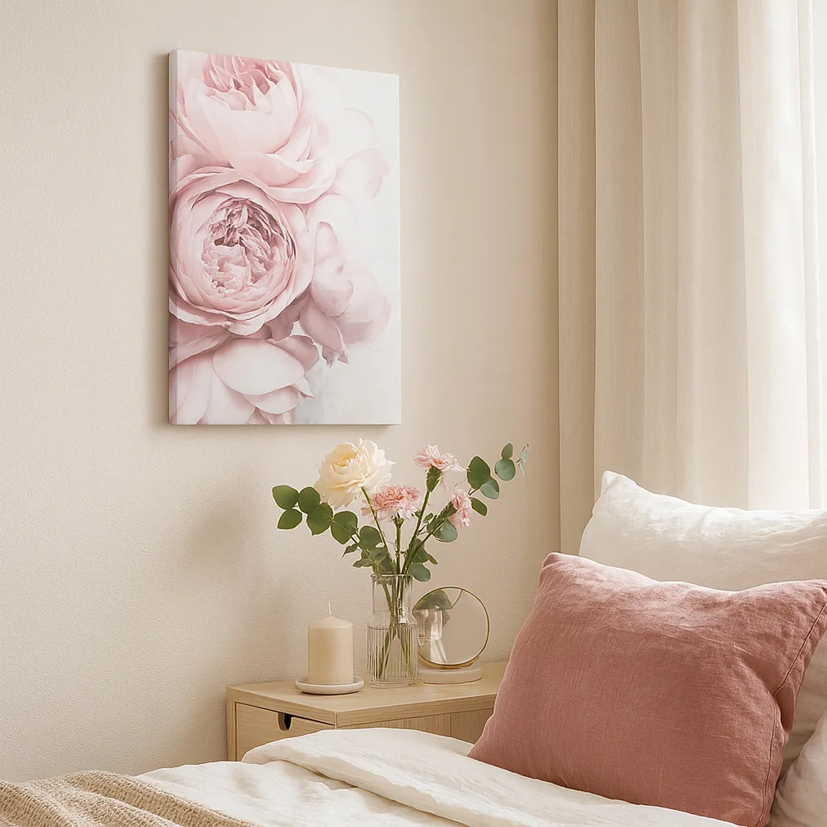 Cuadro sobre lienzo - Impresión de Imagen - Peonías rosas en una luz suave sobre un fondo claro. - 50x70cm - Para los románticos - Decoración de pared moderna para salón y dormitorio ARTTOR