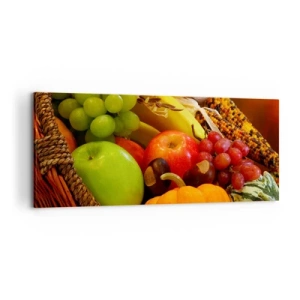 Cuadro sobre lienzo - Impresión de Imagen - Una cesta de frutas, calabazas y maíz sobre un fondo de colores otoñales. - 120x50cm - Cesta de la cosecha - Decoración de pared moderna para salón y dormitorio ARTTOR