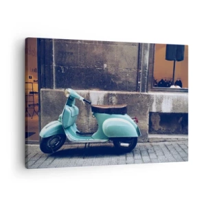Cuadro sobre lienzo - Impresión de Imagen - Un scooter retro estacionado contra un muro de piedra. - 70x50cm - Momentos inolvidables - Decoración de pared moderna para salón y dormitorio ARTTOR