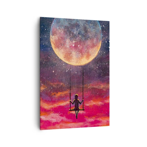 Cuadro sobre lienzo - Impresión de Imagen - Una figura en un columpio suspendido contra la luna. - 70x100cm - Disfrutar de las nubes - Decoración de pared moderna para salón y dormitorio ARTTOR