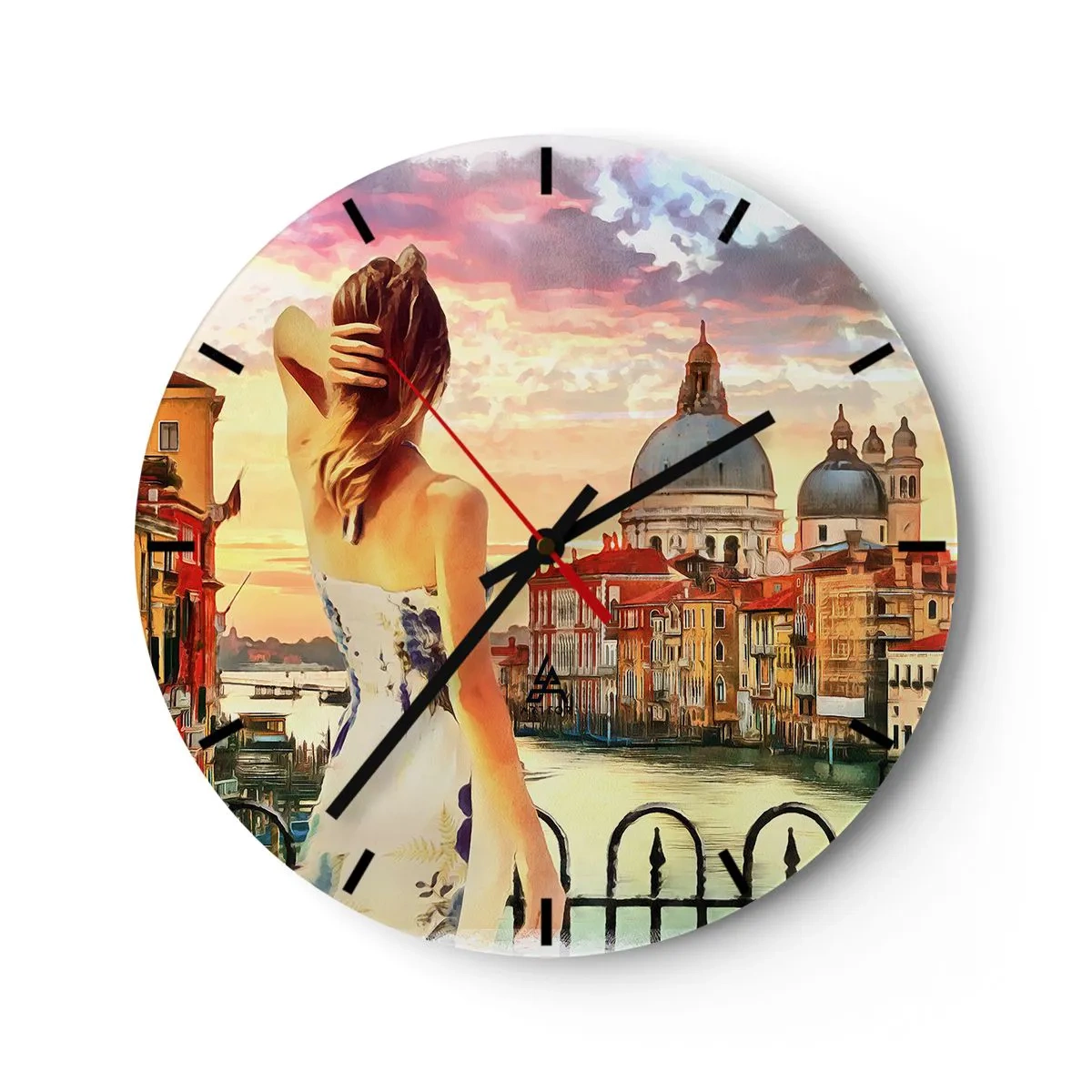 Reloj de pared - Reloj de vidrio - Una mujer admira una pintoresca puesta de sol sobre Venecia. - 30x30cm - Escapada de fin de semana - Decoración de pared moderna para salón, cocina y dormitorio ARTTOR