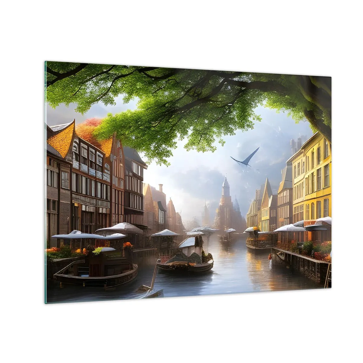 Cuadro sobre vidrio - Impresiones sobre Vidrio - Una vista atmosférica de un canal holandés con barcos y edificios. - 70x50cm - Paisaje urbano holandés - Decoración de pared moderna para salón y dormitorio ARTTOR