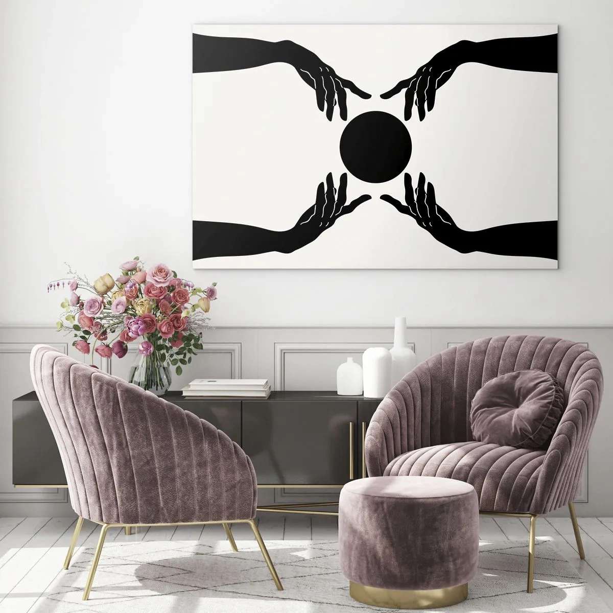 Cuadro sobre vidrio - Impresiones sobre Vidrio - Manos negras alrededor de un círculo negro sobre un fondo claro - 120x80cm - Una señal secreta - Decoración de pared moderna para salón y dormitorio ARTTOR