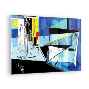 Cuadro sobre vidrio - Impresiones sobre Vidrio - Composición geométrica abstracta en tonos azules. - 70x50cm - Mirando el mundo desde un ángulo distinto - Decoración de pared moderna para salón y dormitorio ARTTOR