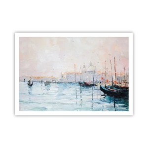 Póster - Vista pintoresca de los canales con barcos de colores pastel. - 100x70cm - Más allá del agua, más allá de la niebla - Decoración de pared moderna para salón y dormitorio ARTTOR