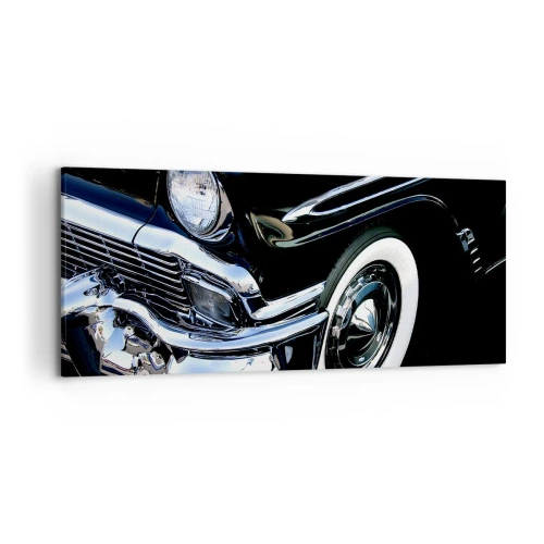 Cuadro sobre lienzo - Impresión de Imagen - Primer plano del faro y el guardabarros de un coche clásico negro - 120x50cm - Clásicos en plata, negro y blanco - Decoración de pared moderna para salón y dormitorio ARTTOR