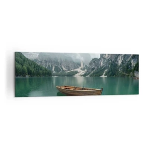 Cuadro sobre lienzo - Impresión de Imagen - Un barco de madera en un muelle en un lago rodeado de montañas. - 160x50cm - Paisaje inolvidable - Decoración de pared moderna para salón y dormitorio ARTTOR