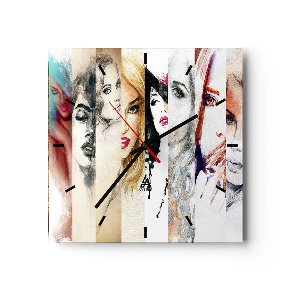 Reloj de pared - Reloj de vidrio - Una colección de retratos de mujeres en varios estilos artísticos. - 30x30cm - Y siempre eres tú - Decoración de pared moderna para salón y dormitorio ARTTOR