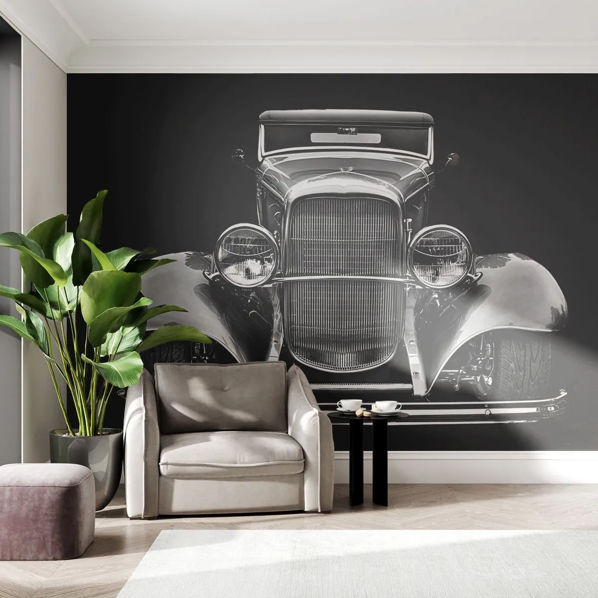 Fotomural Standard Eco - Una toma frontal de un coche clásico sobre un fondo negro. - 100x70cm - Un verdadero caballero - Decoración de pared moderna para salón y dormitorio ARTTOR