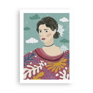 Póster - Retrato de una mujer con un vestido colorido y estilizado sobre un fondo de nubes. - 50x70cm - Con melancolía en la mirada - Decoración de pared moderna para salón y dormitorio ARTTOR