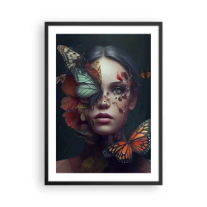 Póster en marco negro - Retrato de una mujer con mariposas y hojas. - 50x70cm - Una metamorfosis maravillosa - Decoración de pared moderna para salón y dormitorio ARTTOR