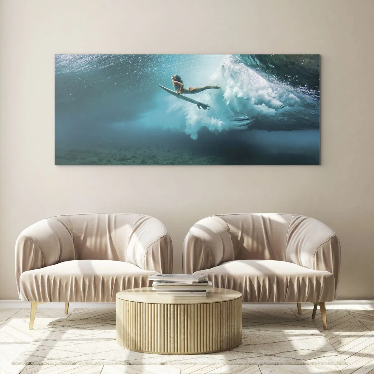 Cuadro sobre vidrio - Impresiones sobre Vidrio - Surfista bajo una ola en el agua azul del océano - 120x50cm - Mundo submarino - Decoración de pared moderna para salón y dormitorio ARTTOR
