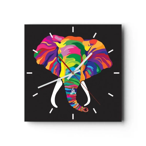 Reloj de pared - Reloj de vidrio - El elefante al que le gustaba bañarse en el arco iris - 40x40 cm