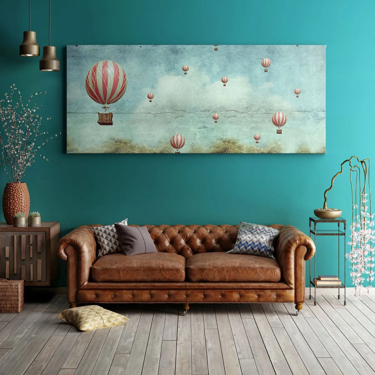 Cuadro sobre lienzo - Impresión de Imagen - Globos retro contra un cielo azul y un fondo verde. - 160x50cm - Libre del ajetreo de la vida - Decoración de pared moderna para salón y dormitorio ARTTOR