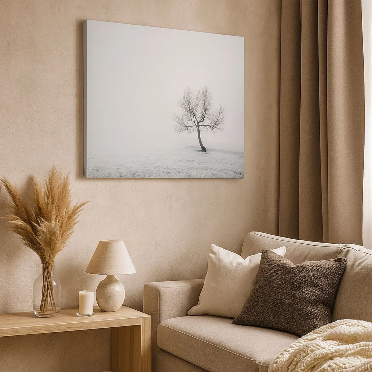 Cuadro sobre lienzo - Impresión de Imagen - Un árbol solitario en la niebla invernal en un campo vacío. - 70x50cm - Contra la nada - Decoración de pared moderna para salón y dormitorio ARTTOR