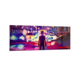 Cuadro sobre vidrio - Impresiones sobre Vidrio - Un hombre en una escena nocturna de la ciudad de neón. - 140x50cm - Inmerso en la luz - Decoración de pared moderna para salón y dormitorio ARTTOR