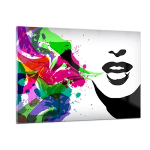Cuadro sobre vidrio - Impresiones sobre Vidrio - Una abstracción colorida con perfil femenino y toques de color. - 120x80cm - Una historia con los colores del arco iris - Decoración de pared moderna para salón y dormitorio ARTTOR