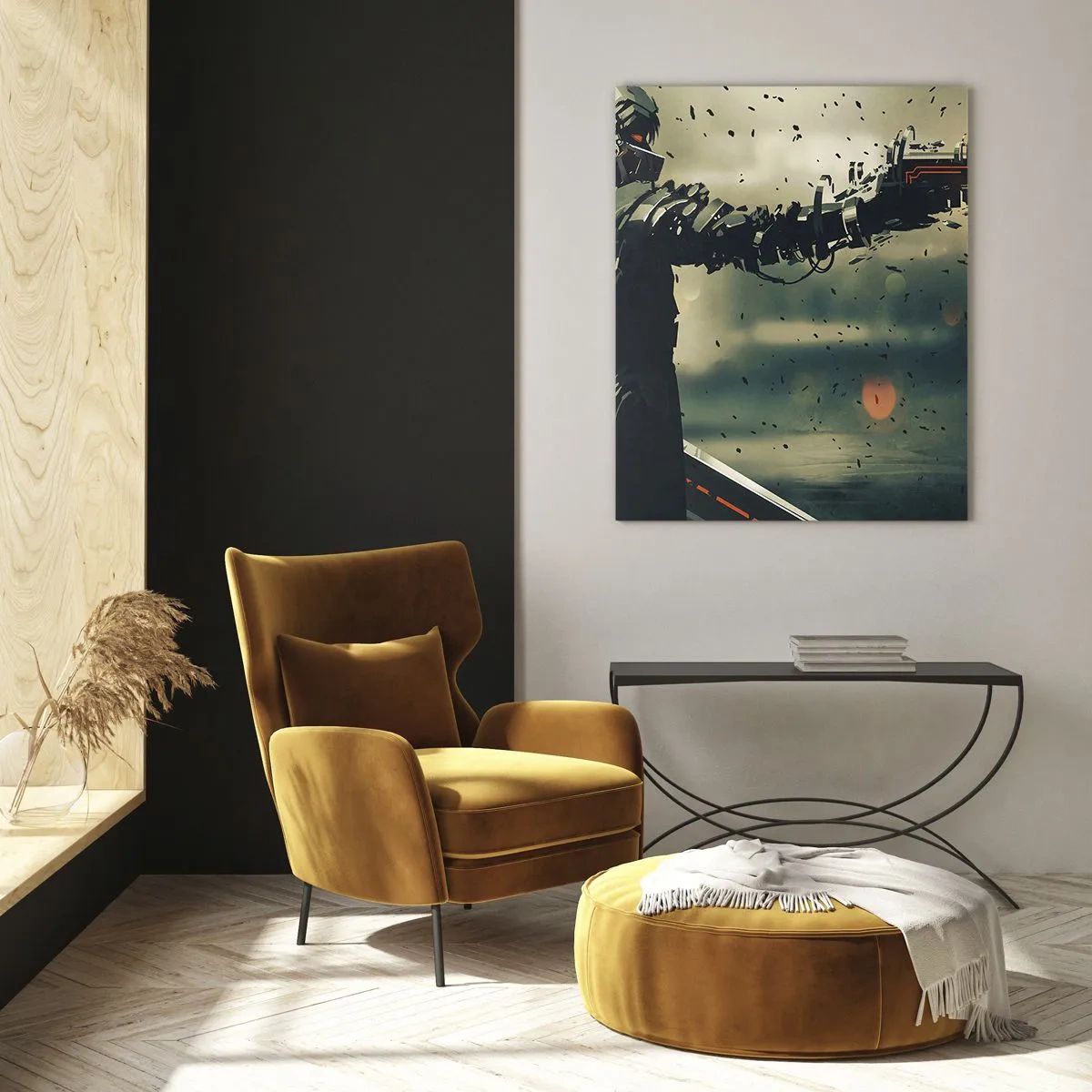 Cuadro sobre vidrio - Impresiones sobre Vidrio - Un guerrero cibernético de estilo futurista con armas de energía. - 50x70cm - Arma letal: tu propio Terminator - Decoración de pared moderna para salón y dormitorio ARTTOR