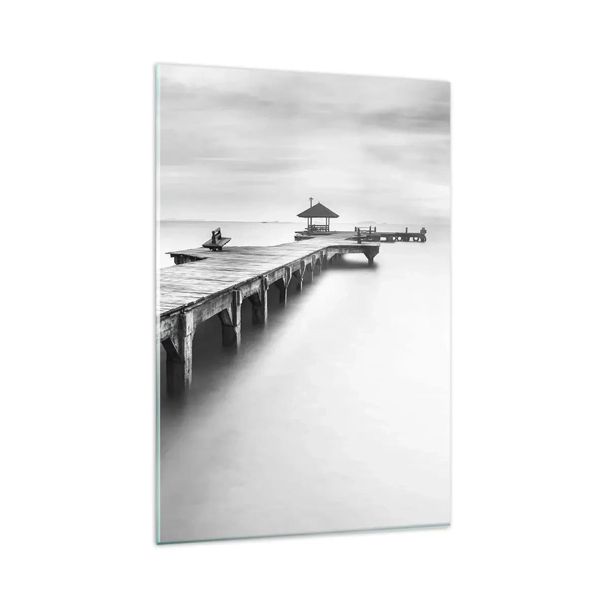 Cuadro sobre vidrio - Impresiones sobre Vidrio - Una vista en blanco y negro de un muelle de madera sobre aguas tranquilas. - 80x120cm - Lejos - Decoración de pared moderna para salón y dormitorio ARTTOR