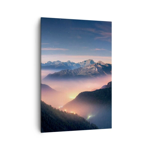 Cuadro sobre lienzo - Impresión de Imagen - Un paisaje de montaña con un valle lleno de niebla. - 70x100cm - Luz en los valles - Decoración de pared moderna para salón y dormitorio ARTTOR
