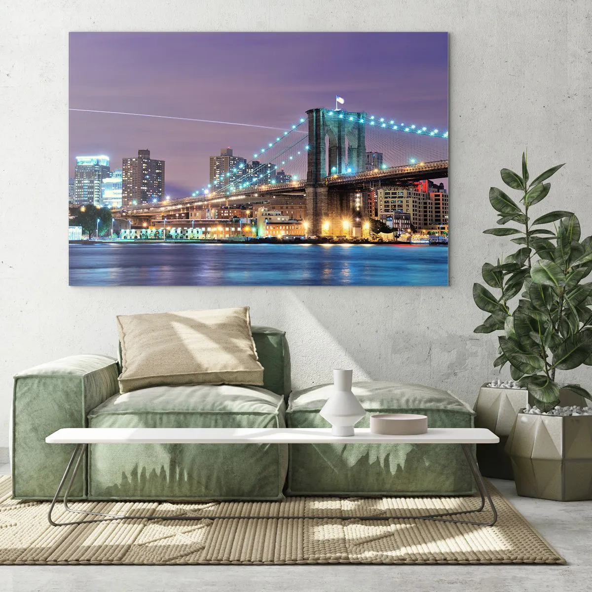 Cuadro sobre vidrio - Impresiones sobre Vidrio - Puente de Brooklyn de noche con las torres y la ciudad iluminada - 100x70cm - Durante muchos años, el puente de Brooklyn - Decoración de pared moderna para salón y dormitorio ARTTOR