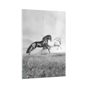 Cuadro sobre vidrio - Impresiones sobre Vidrio - Caballos blancos y negros en un entorno dinámico. - 50x70cm - Ángeles y demonios - Decoración de pared moderna para salón y dormitorio ARTTOR