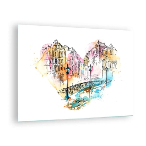 Cuadro sobre vidrio - Impresiones sobre Vidrio - Casas de vecindad románticas con un puente en forma de corazón, acuarela - 70x50cm - El corazón de la ciudad - Decoración de pared moderna para salón y dormitorio ARTTOR