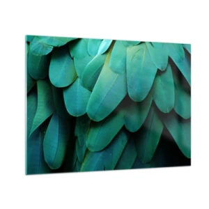 Cuadro sobre vidrio - Impresiones sobre Vidrio - Un primer plano de las plumas intensamente verdes de un loro. - 70x50cm - La precisión de la naturaleza  - Decoración de pared moderna para salón y dormitorio ARTTOR