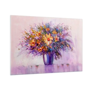 Cuadro sobre vidrio - Impresiones sobre Vidrio - Un ramo de flores de colores en un jarrón sobre un fondo pastel. - 100x70cm - Huele dulce, parece dulce - Decoración de pared moderna para salón y dormitorio ARTTOR