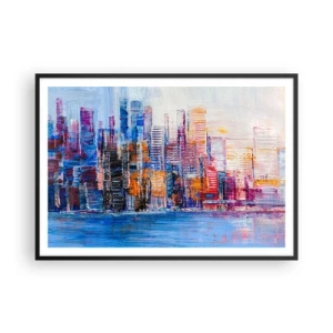 Póster en marco negro - Un panorama colorido de la ciudad con reflejos en el agua. - 100x70cm - Una metrópoli alegre - Decoración de pared moderna para salón y dormitorio ARTTOR