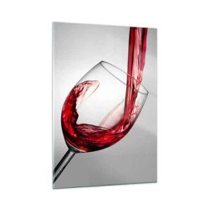 Cuadro sobre vidrio - Impresiones sobre Vidrio - Vino tinto vertido en una copa sobre un fondo claro. - 50x70cm - Color - Movimiento - Sonido - Decoración de pared moderna para salón y dormitorio ARTTOR