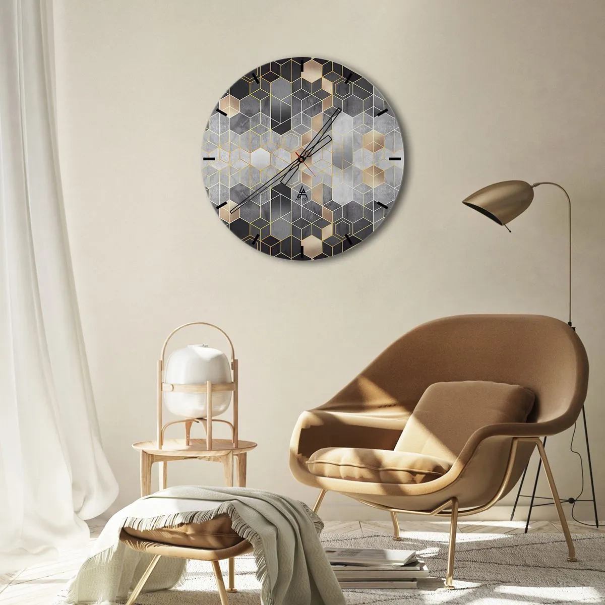 Reloj de pared - Reloj de vidrio - Mosaico geométrico en tonos grises y dorados. - 30x30cm - Composición de diamantes - Decoración de pared moderna para salón, cocina y dormitorio ARTTOR
