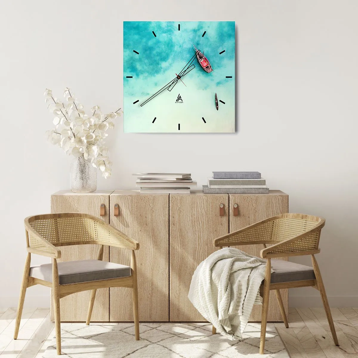 Reloj de pared - Reloj de vidrio - Barcos en aguas turquesas vistos a vista de pájaro - 30x30cm - Porque en las playas de Zanzíbar, cuando las aguas se desbordan... - Decoración de pared moderna para salón y dormitorio ARTTOR