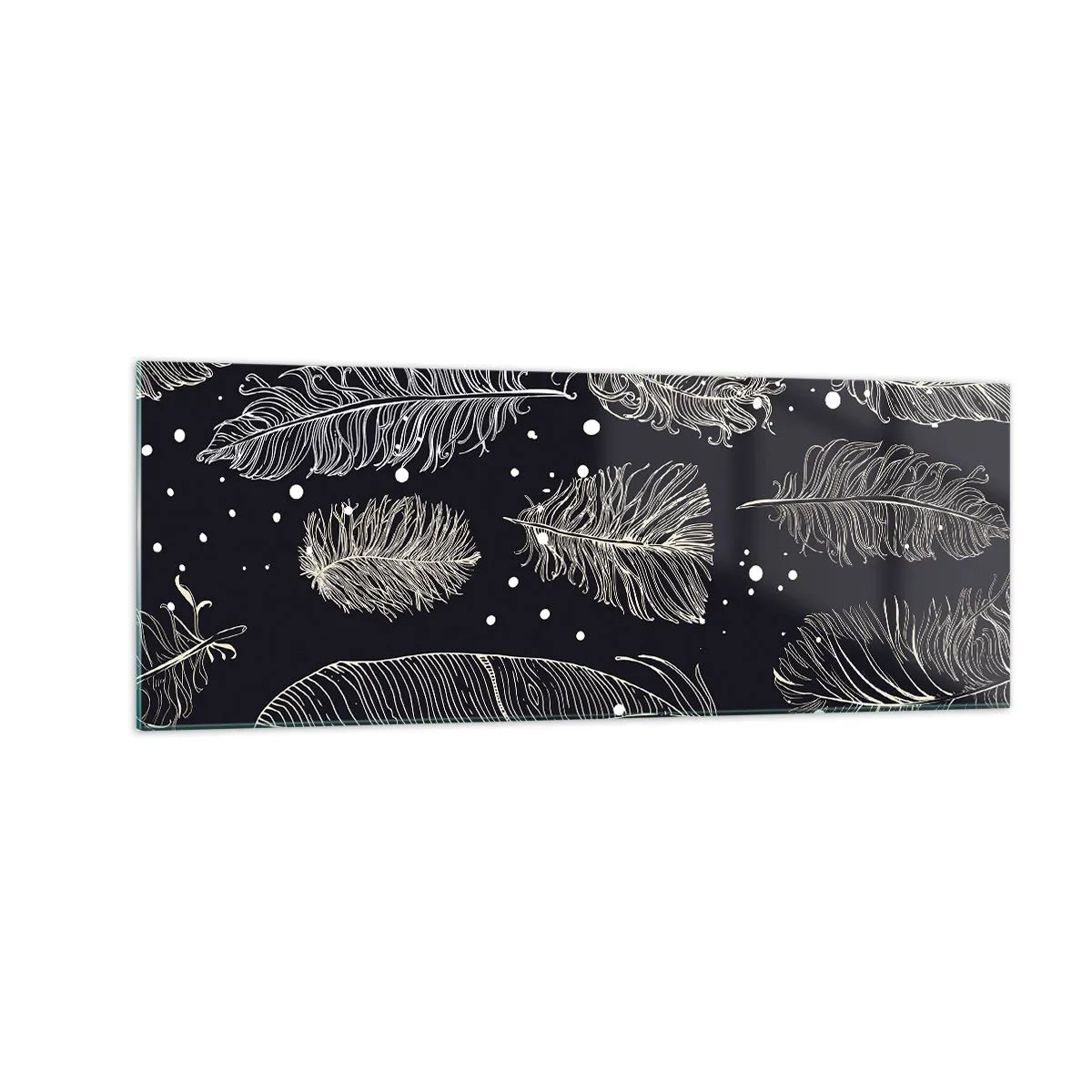 Cuadro sobre vidrio - Impresiones sobre Vidrio - Delicadas plumas blancas sobre un fondo azul marino. - 140x50cm - Encaje de plumas - Decoración de pared moderna para salón y dormitorio ARTTOR