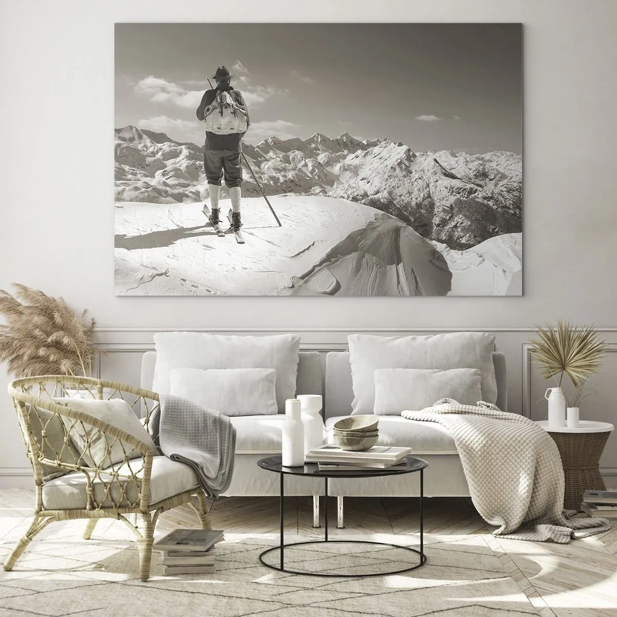 Cuadro sobre vidrio - Impresiones sobre Vidrio - Esquiador en la cima de una montaña en blanco y negro - 70x50cm - El techo del mundo - Decoración de pared moderna para salón y dormitorio ARTTOR