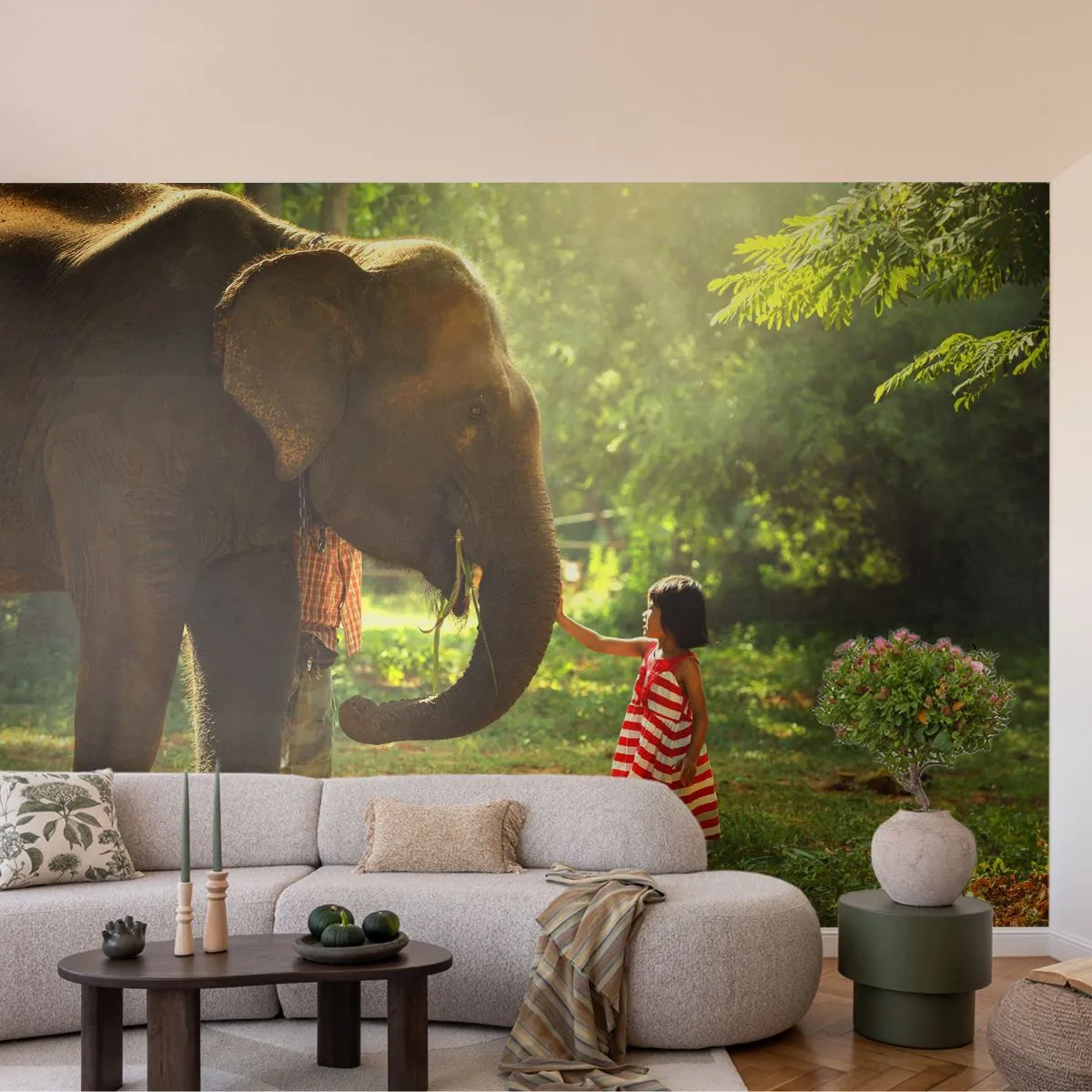Fotomural Standard Eco - Una niña con un vestido rojo tocando la trompa de un elefante. - 100x70cm - El poder de la amistad - Decoración de pared moderna para salón y dormitorio ARTTOR