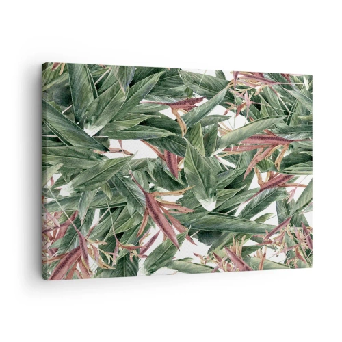 Cuadro sobre lienzo - Impresión de Imagen - Un motivo decorativo de hojas en tonos verdes y burdeos sobre un fondo claro. - 70x50cm - Naturaleza esmeralda y lila - Decoración de pared moderna para salón y dormitorio ARTTOR