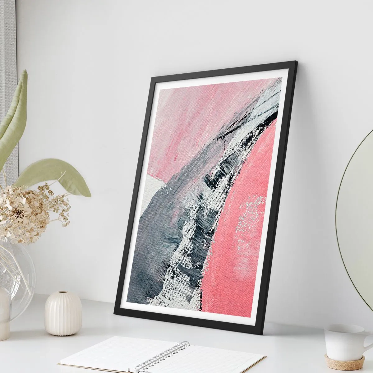 Póster en marco negro - Una composición abstracta en tonos rosa y gris. - 50x70cm - Composición a juego - Decoración de pared moderna para salón y dormitorio ARTTOR