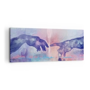 Cuadro sobre lienzo - Impresión de Imagen - Manos simbólicas en colores abstractos, haciendo referencia al tema de la creación. - 120x50cm - Chispa divina de vida - Decoración de pared moderna para salón y dormitorio ARTTOR